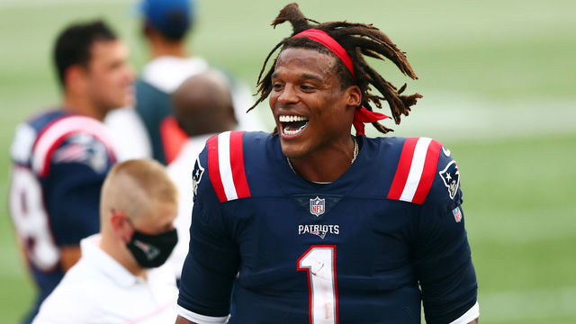 FOXBOROUGH, MASSACHUSETTS - SEPTEMBER 27: Cam Newton #1 of the New England Patriots reacts on the sideline during the second half against the Las Vegas Raiders at Gillette Stadium on September 27, 2020 in Foxborough, Massachusetts.