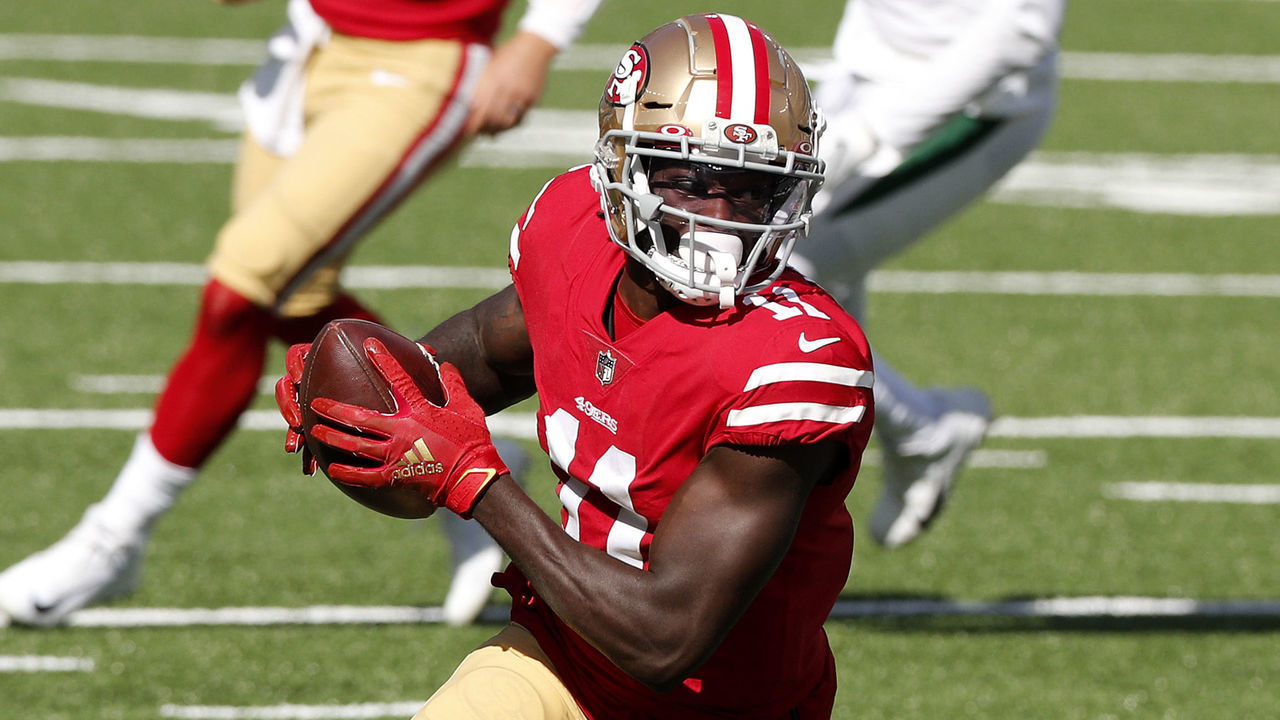 EAST RUTHERFORD, NEW JERSEY - SEPTEMBER 20: (NEW YORK DAILIES OUT) Brandon Aiyuk #11 of the San Francisco 49ers in action against the New York Jets at MetLife Stadium on September 20, 2020 in East Rutherford, New Jersey. The 49ers defeated the Jets 31-13.