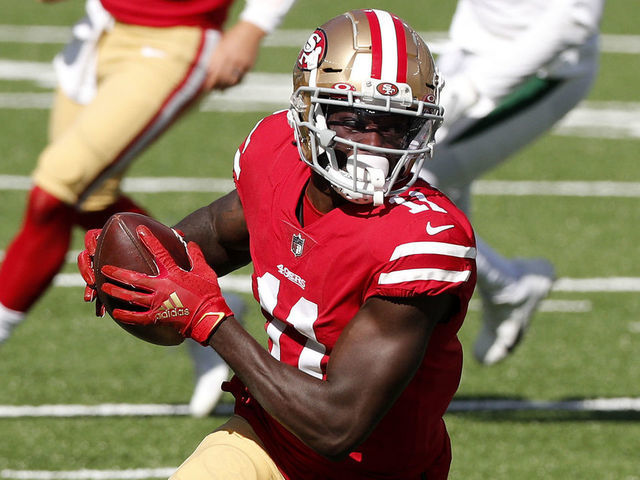 EAST RUTHERFORD, NEW JERSEY - SEPTEMBER 20: (NEW YORK DAILIES OUT) Brandon Aiyuk #11 of the San Francisco 49ers in action against the New York Jets at MetLife Stadium on September 20, 2020 in East Rutherford, New Jersey. The 49ers defeated the Jets 31-13.