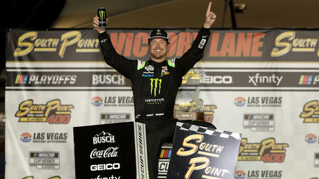 LAS VEGAS, NEVADA - SEPTEMBER 27: Kurt Busch, driver of the #1 Monster Energy Chevrolet, celebrates in Victory Lane after winning the NASCAR Cup Series South Point 400 at Las Vegas Motor Speedway on September 27, 2020 in Las Vegas, Nevada.