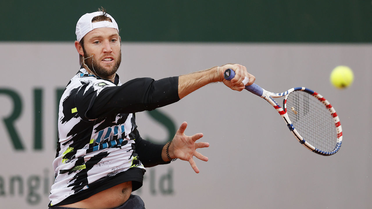 PARIS, FRANCE - SEPTEMBER 28: Jack Sock of The United States of America plays a forehand during his Men's Singles first round match against Reilly Opelka of the United States on day two of the 2020 French Open at Roland Garros on September 28, 2020 in Paris, France.