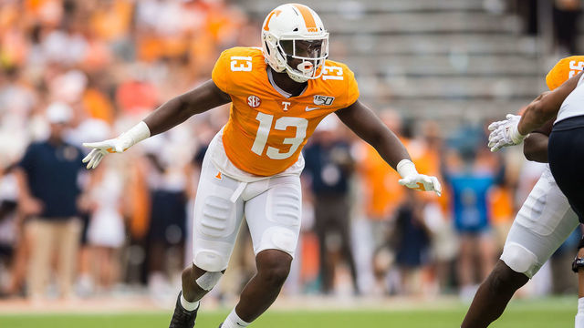 KNOXVILLE, TN - SEPTEMBER 14: Tennessee Volunteers linebacker Deandre Johnson (13) rushing around the end during a college football game between the Tennessee Volunteers and Chattanooga Mocs on September 14, 2019, at Neyland Stadium in Knoxville, TN.