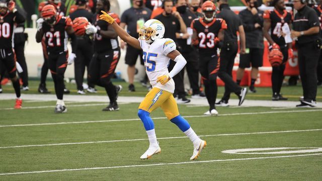 CINCINNATI, OHIO - SEPTEMBER 13: Chris Harris Jr #25 of the Los Angeles Chargers celebrates after an interception against the Cincinnati Bengals during the game at Paul Brown Stadium on September 13, 2020 in Cincinnati, Ohio.