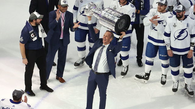 EDMONTON, ALBERTA - SEPTEMBER 28: Head coach Jon Cooper of the Tampa Bay Lightning skates with the Stanley Cup following the series-winning victory over the Dallas Stars in Game Six of the 2020 NHL Stanley Cup Final at Rogers Place on September 28, 2020 in Edmonton, Alberta, Canada.