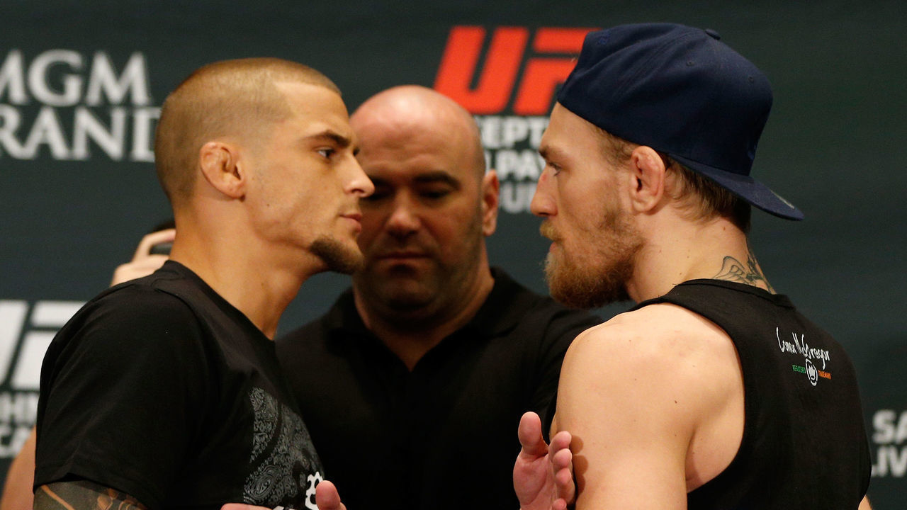 LAS VEGAS, NV - SEPTEMBER 25: (L-R) Opponents Dustin Poirier and Conor McGregor face off during the UFC 178 Ultimate Media Day at the MGM Grand Hotel/Casino on September 25, 2014 in Las Vegas, Nevada.