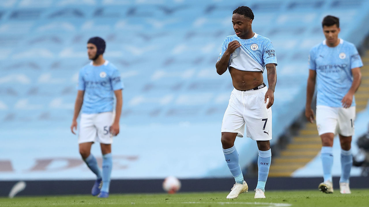 MANCHESTER, ENGLAND - SEPTEMBER 27: A dejected Raheem Sterling of Manchester City after Jamie Vardy of Leicester City scored a goal from the penalty spot to make it 1-1 during the Premier League match between Manchester City and Leicester City at Etihad Stadium on September 27, 2020 in Manchester, United Kingdom. Sporting stadiums around the UK remain under strict restrictions due to the Coronavirus Pandemic as Government social distancing laws prohibit fans inside venues resulting in games being played behind closed doors.