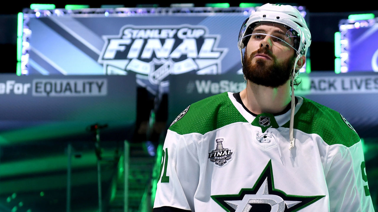 EDMONTON, ALBERTA - SEPTEMBER 19: Tyler Seguin #91 of the Dallas Stars looks on during pre-game ceremonies before Game One of the NHL Stanley Cup Final between the Dallas Stars and the Tampa Bay Lightning at Rogers Place on September 19, 2020 in Edmonton, Alberta, Canada.