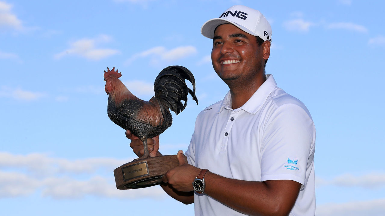 JACKSON, MISSISSIPPI - SEPTEMBER 22: Sebastian Munoz of Colombia poses with the trophy after putting in to win in a sudden death playoff during the final round of the Sanderson Farms Championship at The Country Club of Jackson on September 22, 2019 in Jackson, Mississippi.