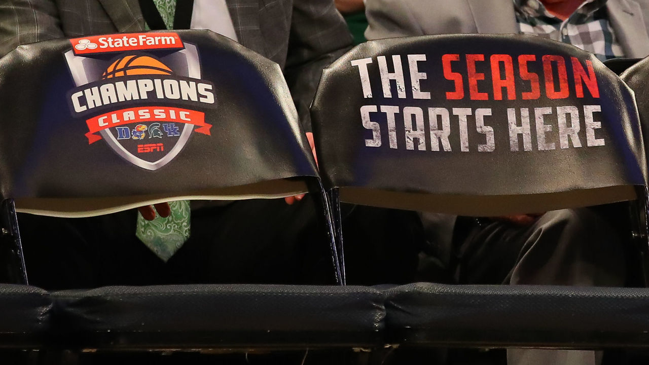 NEW YORK, NY - NOVEMBER 05: A general view of The Season Starts Here chair covers during the second half of the 2019 State Farm Champions Classic college basketball game between the Michigan State Spartans and the Kentucky Wildcats on November 5, 2019 at Madison Square Garden in New York, NY.