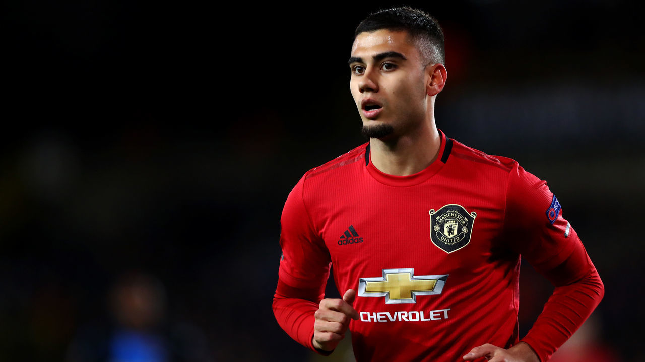 BRUGGE, BELGIUM - FEBRUARY 20: Andreas Pereira of Manchester United looks on during the UEFA Europa League round of 16 first leg match between Club Brugge and Manchester United at Jan Breydel Stadium on February 20, 2020 in Brugge, Belgium.