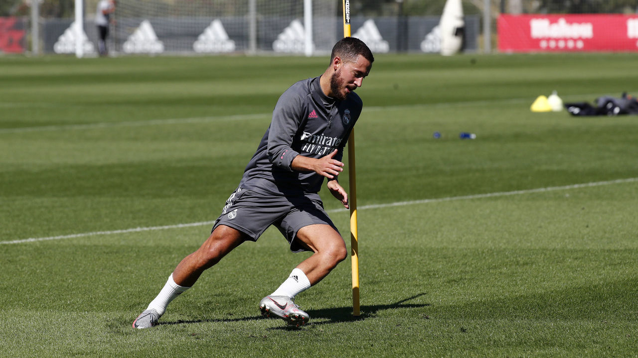 MADRID, SPAIN - SEPTEMBER 27: Eden Hazard of Real Madrid trains during the Real Madrid training session at Valdebebas training ground on September 27, 2020 in Madrid, Spain.