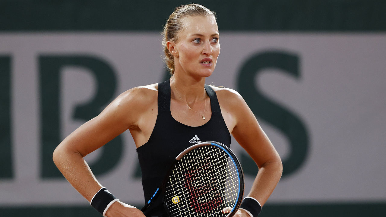 PARIS, FRANCE - SEPTEMBER 29: Kristina Mladenovic of France looks on during her Women's Singles first round match against Laura Siegemund of Germany on day three of the 2020 French Open at Roland Garros on September 29, 2020 in Paris, France.