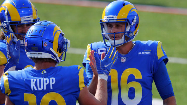 ORCHARD PARK, NY - SEPTEMBER 27: Cooper Kupp #10 of the Los Angeles Rams celebrates his touchdown with Jared Goff #16 during the second half against the Buffalo Bills at Bills Stadium on September 27, 2020 in Orchard Park, New York. Bills beat the Rams 35 to 32.