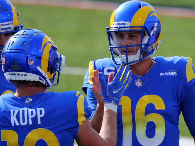 ORCHARD PARK, NY - SEPTEMBER 27: Cooper Kupp #10 of the Los Angeles Rams celebrates his touchdown with Jared Goff #16 during the second half against the Buffalo Bills at Bills Stadium on September 27, 2020 in Orchard Park, New York. Bills beat the Rams 35 to 32.