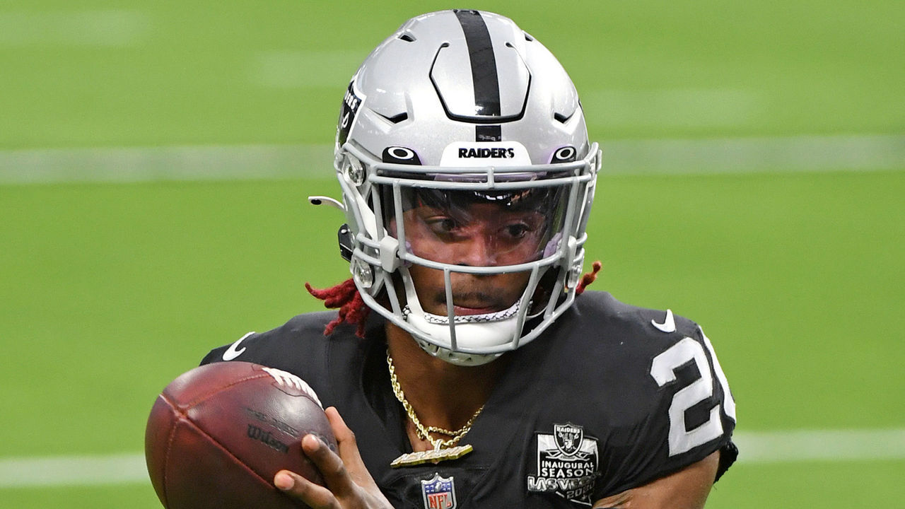 LAS VEGAS, NEVADA - SEPTEMBER 21: Cornerback Damon Arnette #20 of the Las Vegas Raiders warms up before the NFL game against the New Orleans Saints at Allegiant Stadium on September 21, 2020 in Las Vegas, Nevada. The Raiders defeated the Saints 34-24.