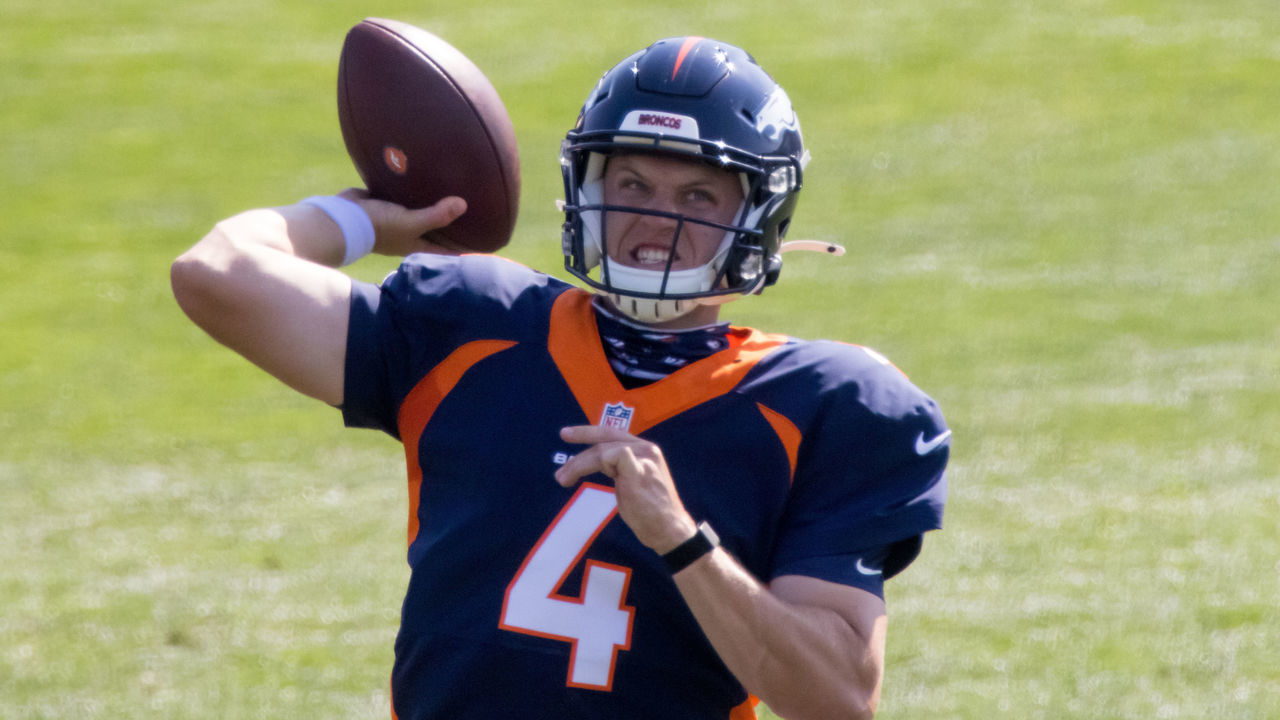 ENGLEWOOD, CO - AUGUST 17: Quarterback Brett Rypien #4 of the Denver Broncos throws a pass during a training session at UCHealth Training Center on August 17, 2020 in Englewood, Colorado.