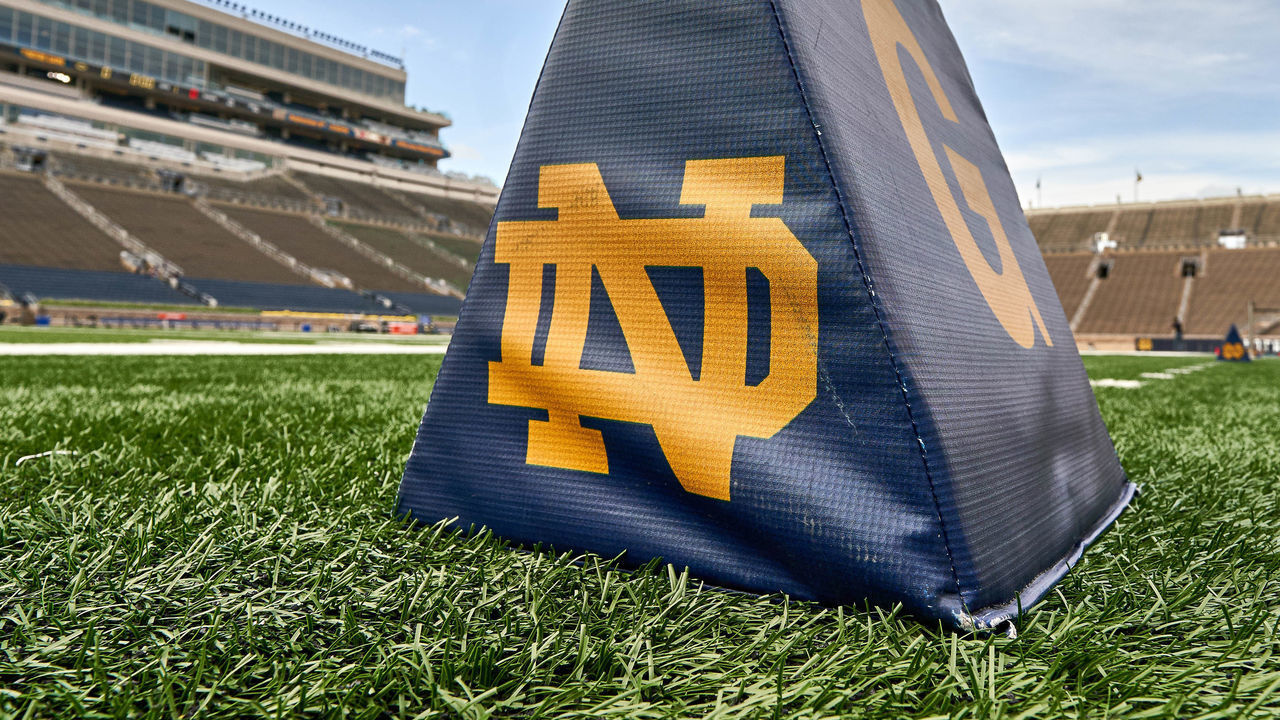 SOUTH BEND, IN - SEPTEMBER 01: A detailed view of a Notre Dame Fighting Irish logo goal marker is seen prior to the start of game action during the college football game between the Michigan Wolverines and the Notre Dame Fighting Irish on September 1, 2018 at Notre Dame Stadium, in South Bend, Indiana. The Notre Dame Fighting Irish defeated the Michigan Wolverines by the score of 24-17.