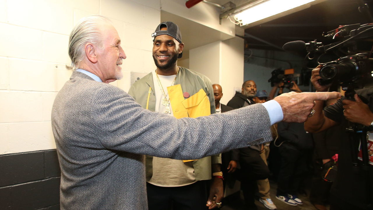 BROOKLYN, NY - APRIL 10: Miami Heat President Pat Riley speaks with LeBron James #23 of the Los Angeles Lakers before the game between Miami Heat and Brooklyn Nets on April 10, 2019 at Barclays Center in Brooklyn, New York. Mandatory Copyright Notice: Copyright 2019 NBAE
