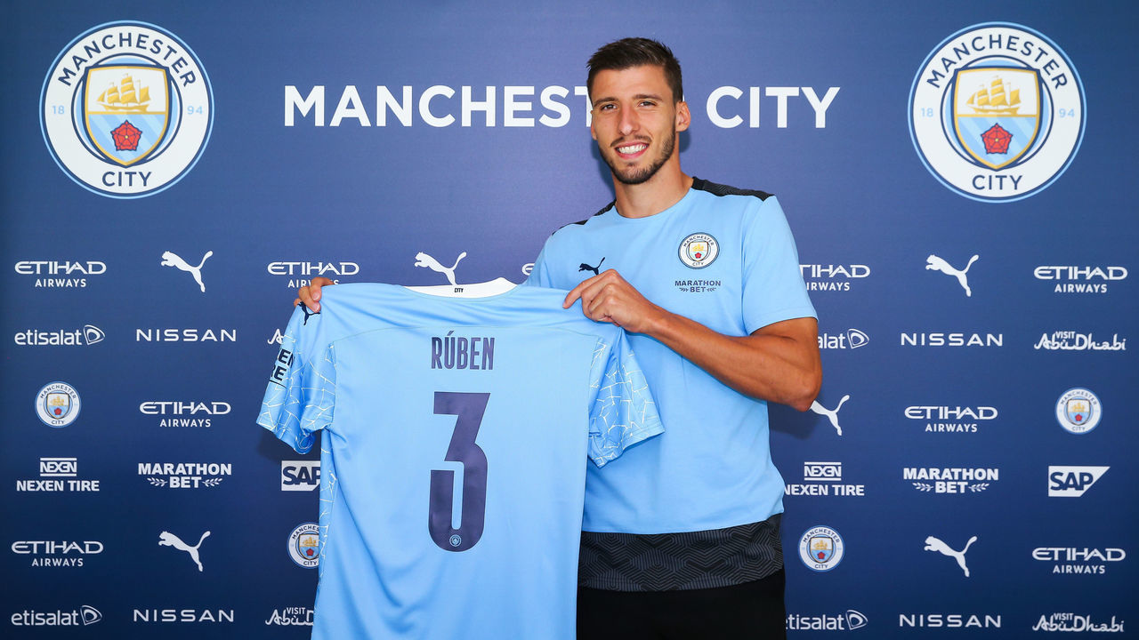 MANCHESTER, ENGLAND - SEPTEMBER 29: Manchester City unveil new signing Rúben Dias at the Etihad Stadium on September 29, 2020 in Manchester, England.