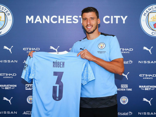 MANCHESTER, ENGLAND - SEPTEMBER 29: Manchester City unveil new signing Rúben Dias at the Etihad Stadium on September 29, 2020 in Manchester, England.