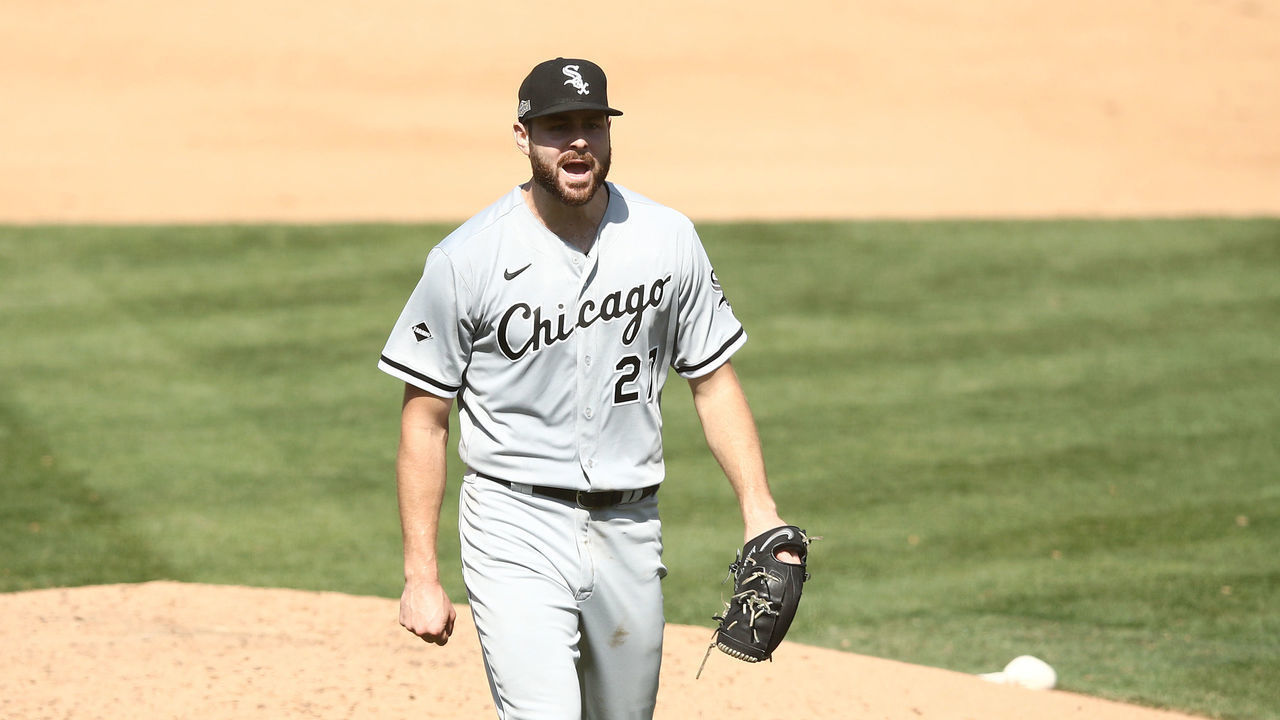 OAKLAND, CALIFORNIA - SEPTEMBER 29: Lucas Giolito #27 of the Chicago White Sox reacts as he walks back to the dugout after the sixth inning of their game against the Oakland Athletics of game one of their wild card series at RingCentral Coliseum on September 29, 2020 in Oakland, California.