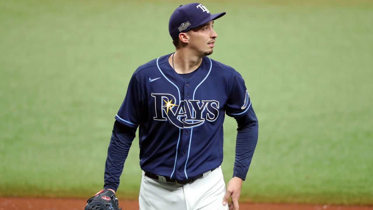 ST. PETERSBURG, FL - SEPTEMBER 29: Blake Snell #4 of the Tampa Bay Rays walks off the field in between innings during Game 1 of the Wild Card Series between the Toronto Blue Jays and the Tampa Bay Rays at Tropicana Field on Tuesday, September 29, 2020 in St. Petersburg, Florida.