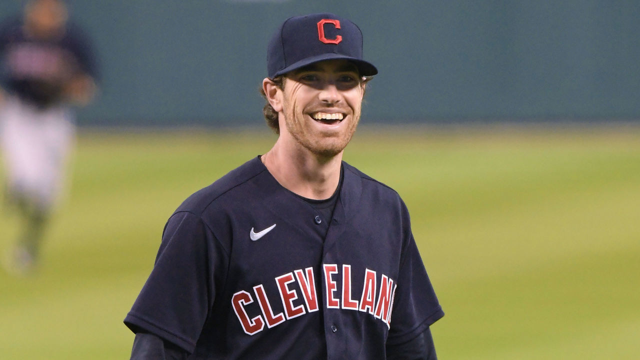DETROIT, MI - SEPTEMBER 17: Shane Bieber #57 of the Cleveland Indians looks on and smiles during the game against the Detroit Tigers at Comerica Park on September 17, 2020 in Detroit, Michigan. The Indians defeated the Tigers 10-3.