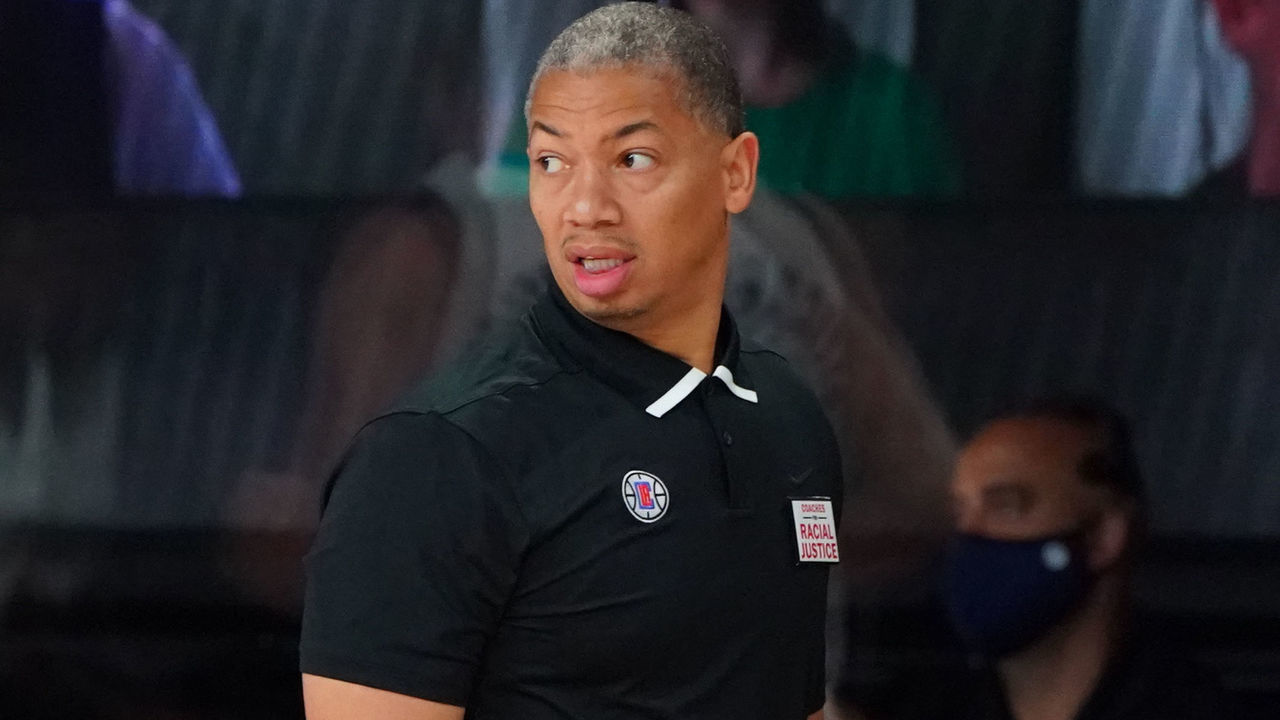 ORLANDO, FL - AUGUST 30: Tyronn Lue of the LA Clippers looks on from the sideline during Round One, Game Six of the NBA Playoffs on August 30, 2020 at the AdventHealth Arena at ESPN Wide World Of Sports Complex in Orlando, Florida. NOTE TO USER: User expressly acknowledges and agrees that, by downloading and/or using this Photograph, user is consenting to the terms and conditions of the Getty Images License Agreement. Mandatory Copyright Notice: Copyright 2020 NBAE