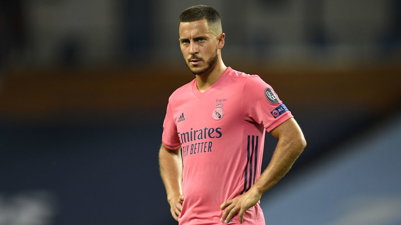 Real Madrid's Eden Hazard appears frustrated during the UEFA Champions League, round of 16, second leg match at the Etihad Stadium, Manchester.