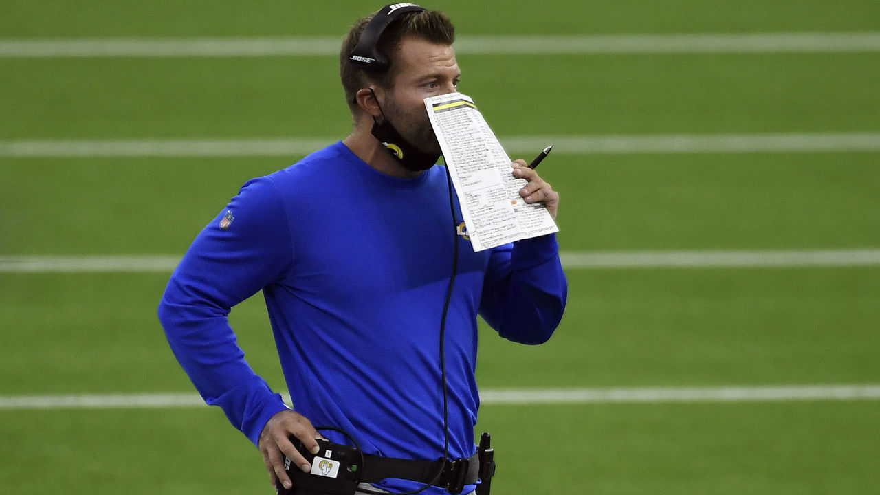 INGLEWOOD, CA - SEPTEMBER 13: Head coach Sean McVay of the Los Angeles Rams on the sideline with his face mask down to his chin during the game against the Dallas Cowboys at SoFi Stadium on September 13, 2020 in Inglewood, California. The Rams defeated the Cowboys, 20-17.