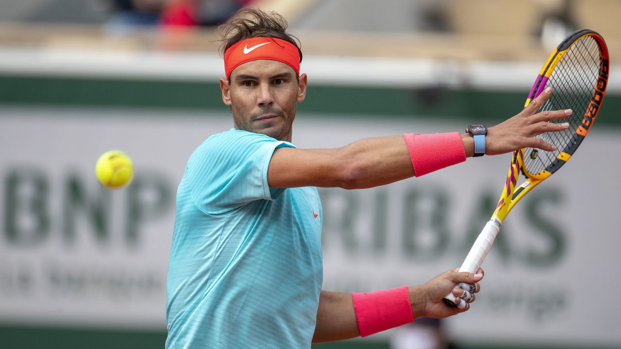 PARIS, FRANCE September 30. Rafael Nadal of Spain in action against Mackenzie McDonald of the United States in the second round of the singles competition on Court Philippe-Chatrier during the French Open Tennis Tournament at Roland Garros on September 30th 2020 in Paris, France.