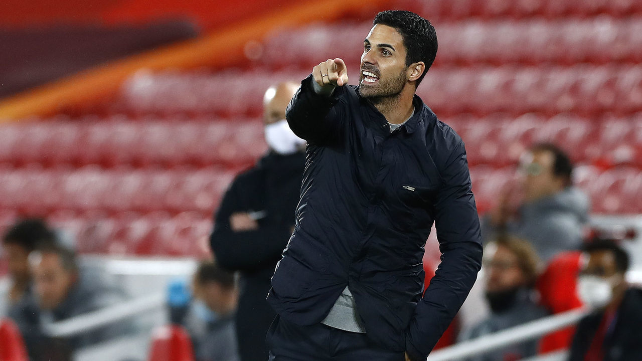 Arsenal's Spanish manager Mikel Arteta shouts instructions to his players from the touchline during the English Premier League football match between Liverpool and Arsenal at Anfield in Liverpool, north west England on September 28, 2020.