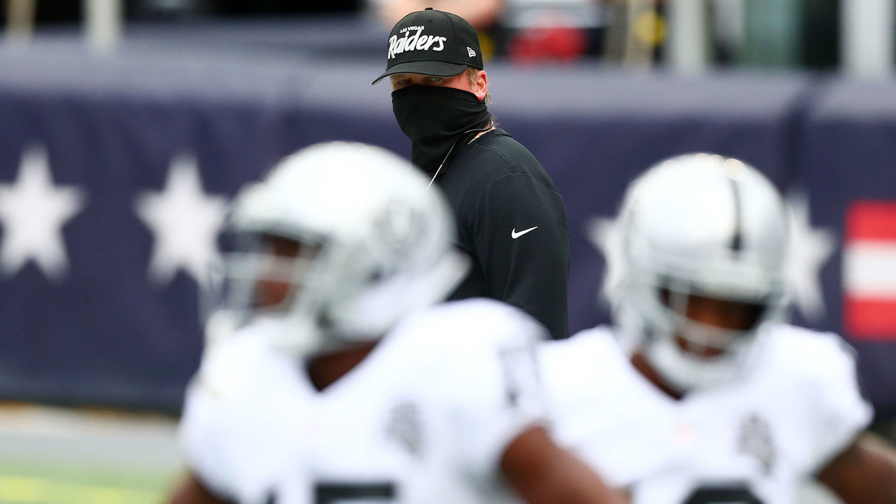 FOXBOROUGH, MASSACHUSETTS - SEPTEMBER 27: Las Vegas Raiders head coach Jon Gruden stands on the field before the game against the New England Patriots at Gillette Stadium on September 27, 2020 in Foxborough, Massachusetts.