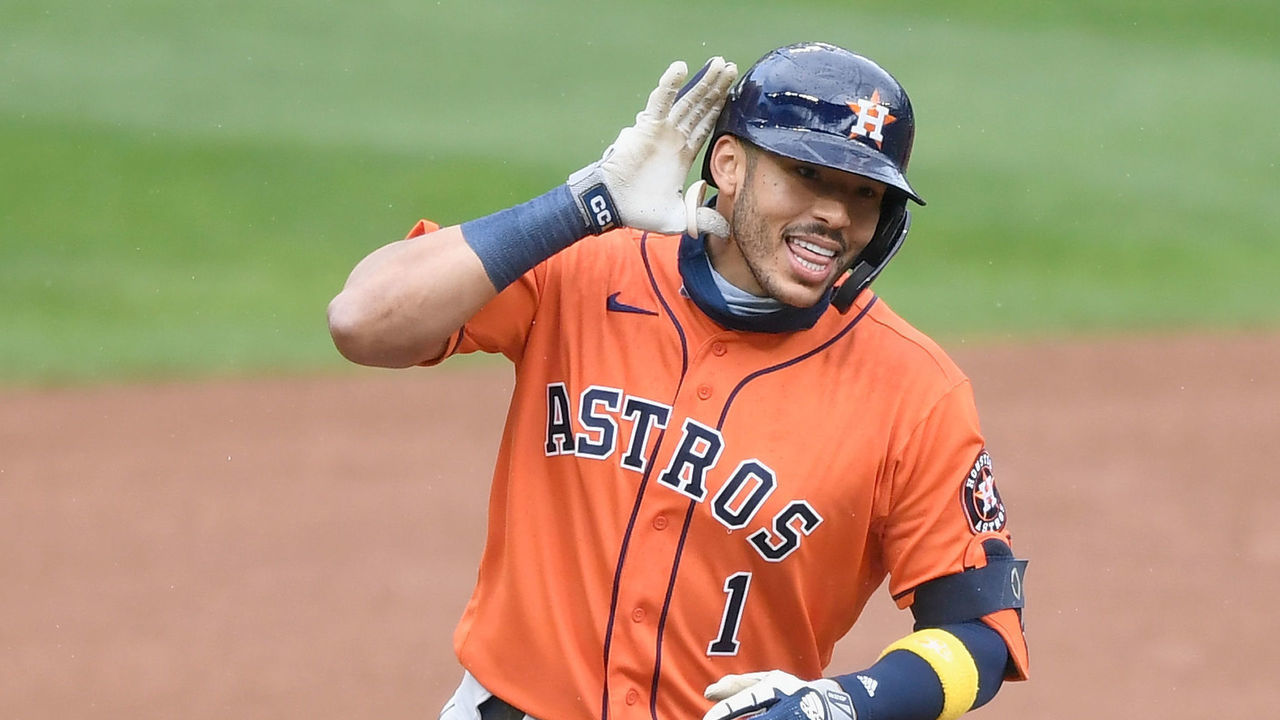 MINNEAPOLIS, MINNESOTA - SEPTEMBER 30: Carlos Correa #1 of the Houston Astros celebrates a solo home run against the Minnesota Twins during the seventh inning of Game Two in the American League Wild Card Round at Target Field on September 30, 2020 in Minneapolis, Minnesota. The Astros defeated the Twins 3-1.