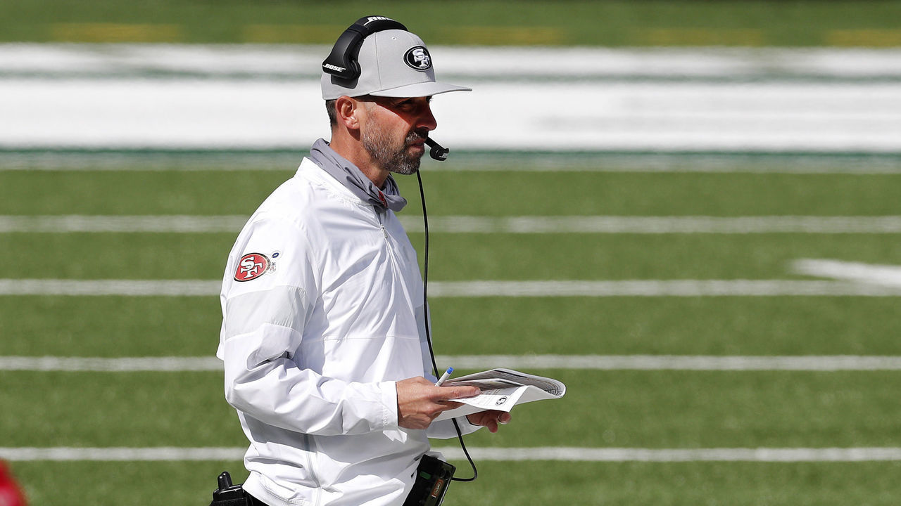 EAST RUTHERFORD, NEW JERSEY - SEPTEMBER 20: (NEW YORK DAILIES OUT) Head coach Kyle Shanahan of the San Francisco 49ers in action against the New York Jets at MetLife Stadium on September 20, 2020 in East Rutherford, New Jersey. The 49ers defeated the Jets 31-13.