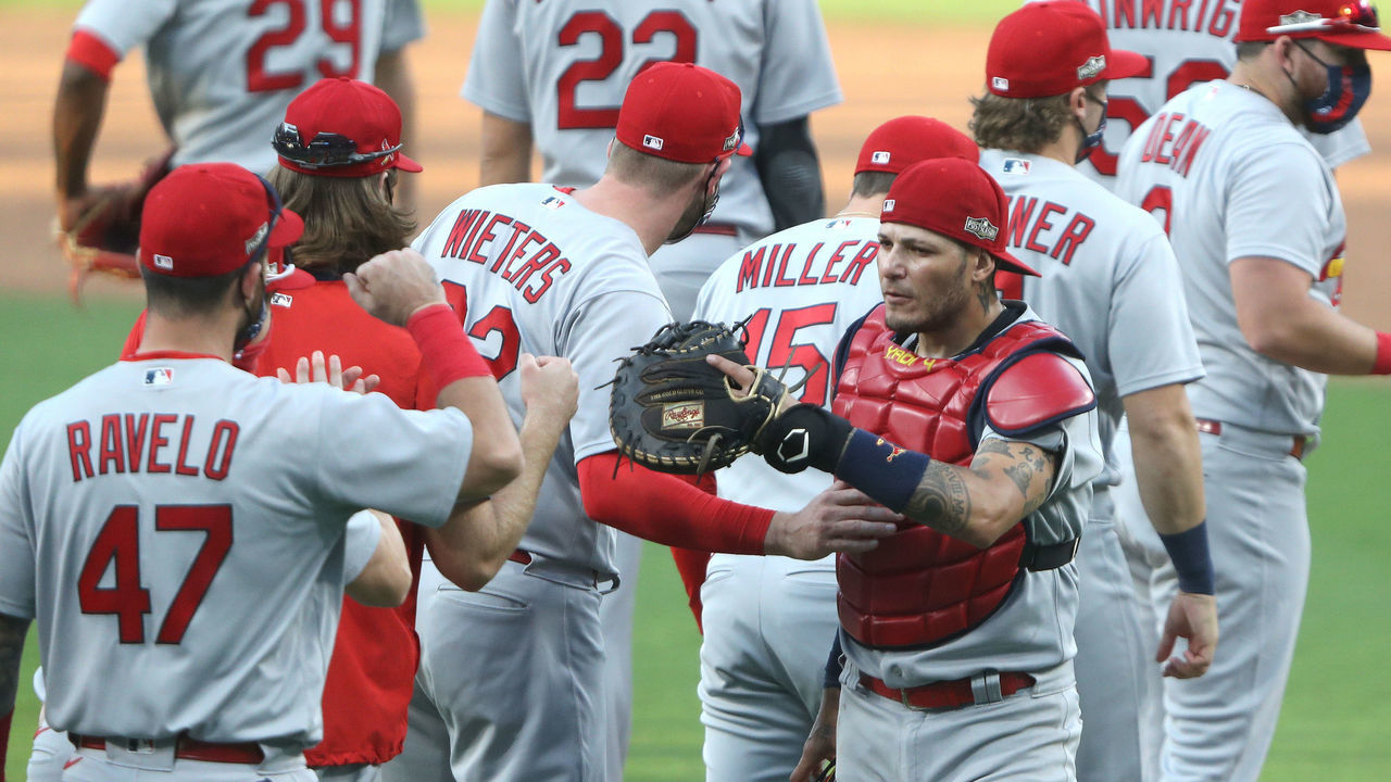 SAN DIEGO, CALIFORNIA - SEPTEMBER 30: The St. Louis Cardinals react to defeating the San Diego Padres 7-4 in Game One of the National League Wild Card Series at PETCO Park on September 30, 2020 in San Diego, California.