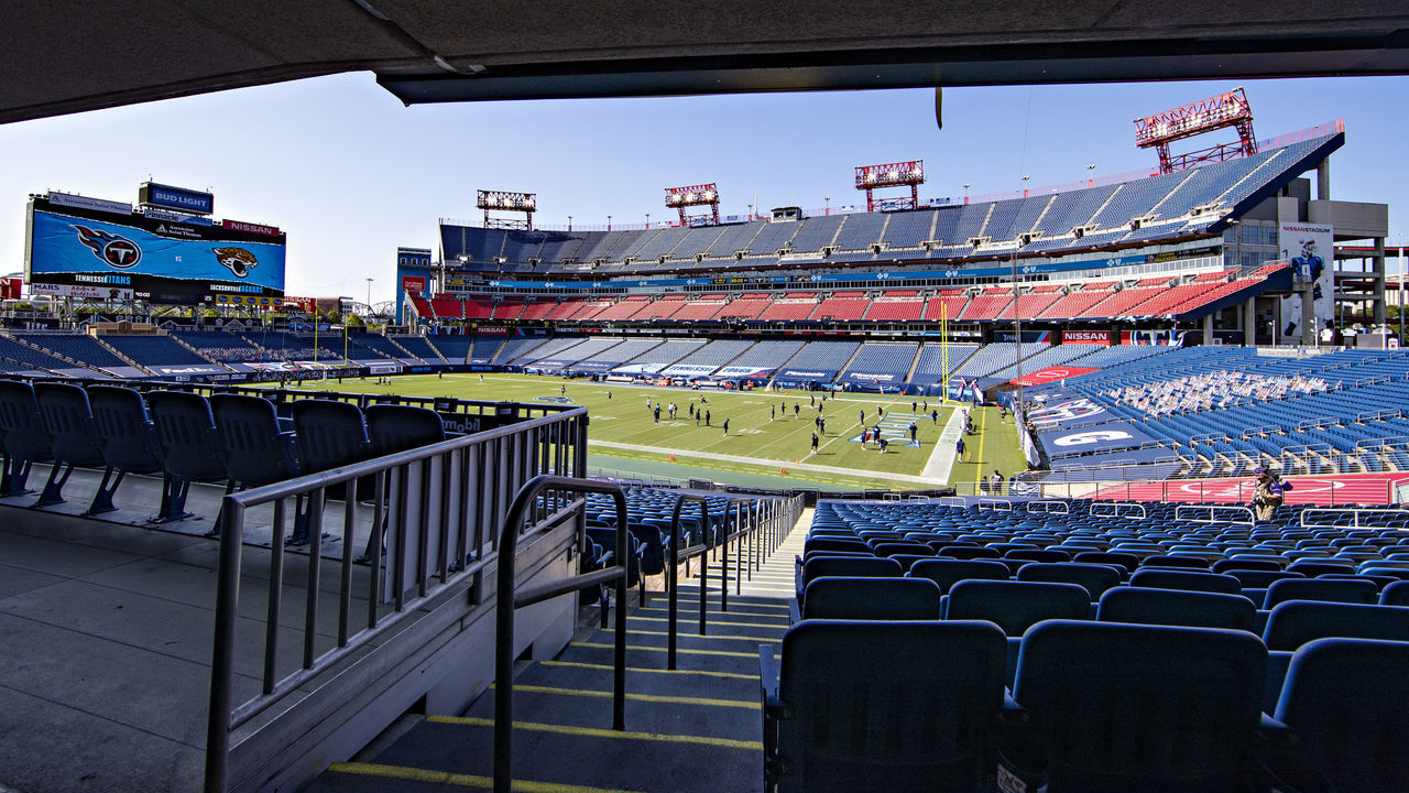 NASHVILLE, TN - SEPTEMBER 20: View of empty seats as the teams warm up before a game between the Jacksonville Jaguars and the Tennessee Titans at Nissan Stadium on September 20, 2020 in Nashville, Tennessee. The Titans defeated the Jaguars 33-30.