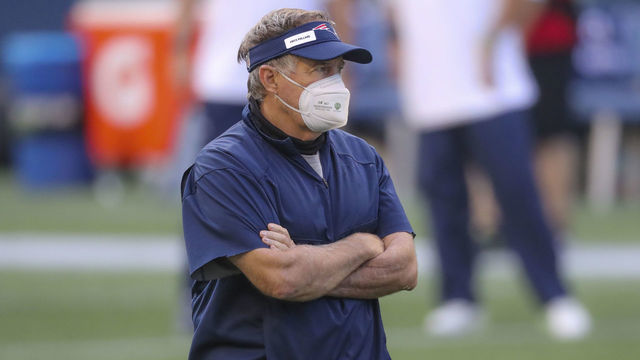 SEATTLE, WA - SEPTEMBER 20: New England Patriots head coach Bill Belichick is on the field during pre-game before they play the Seattle Seahawks. The Seattle Seahawks host The New England Patriots for a regular season NFL game at Centurylink Field in Seattle, WA on Sept. 20, 2020.