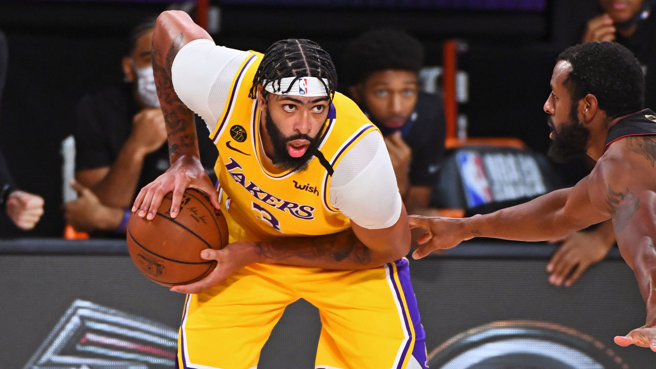 ORLANDO, FL - SEPTEMBER 30: Anthony Davis #3 of the Los Angeles Lakers looks to drive to the basket against the Miami Heat during Game One of the NBA Finals on September 30, 2020 in Orlando, Florida at AdventHealth Arena. NOTE TO USER: User expressly acknowledges and agrees that, by downloading and/or using this Photograph, user is consenting to the terms and conditions of the Getty Images License Agreement. Mandatory Copyright Notice: Copyright 2020 NBAE