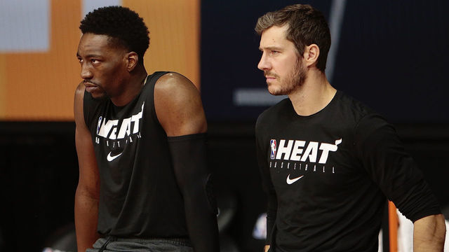 ORLANDO, FL - AUGUST 18: Bam Adebayo and Goran Dragic of the Miami Heat prior to the game against the Indiana Pacers for Game one of the first round of the 2020 Playoffs as part of the NBA Restart 2020 on August 18, 2020 at AdventHealth Arena at ESPN Wide World of Sports Complex in Orlando, Florida. NOTE TO USER: User expressly acknowledges and agrees that, by downloading and/or using this photograph, user is consenting to the terms and conditions of the Getty Images License Agreement. Mandatory Copyright Notice: Copyright 2020 NBAE