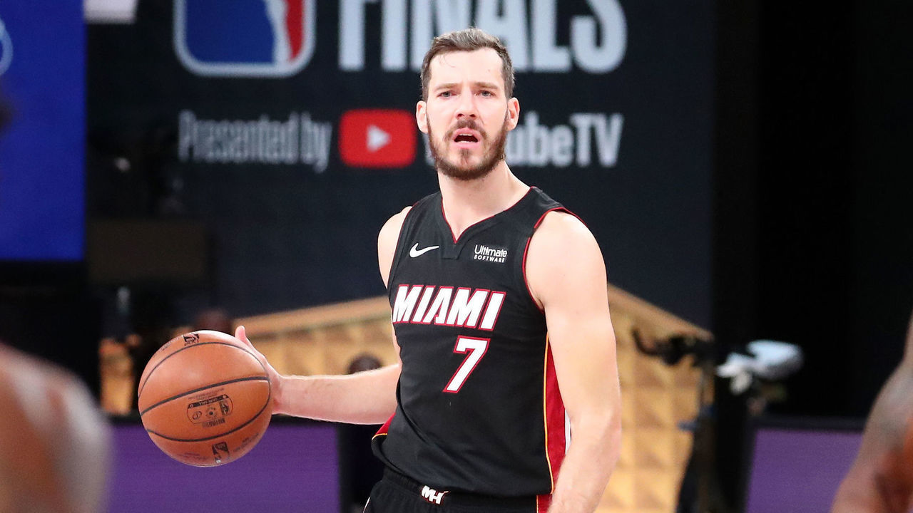 ORLANDO, FL - SEPTEMBER 30: Goran Dragic #7 of the Miami Heat handles the ball during the game against the Los Angeles Lakers during Game One of the NBA Finals on September 30, 2020 at The AdventHealth Arena at ESPN Wide World Of Sports Complex in Orlando, Florida. NOTE TO USER: User expressly acknowledges and agrees that, by downloading and/or using this Photograph, user is consenting to the terms and conditions of the Getty Images License Agreement. Mandatory Copyright Notice: Copyright 2020 NBAE