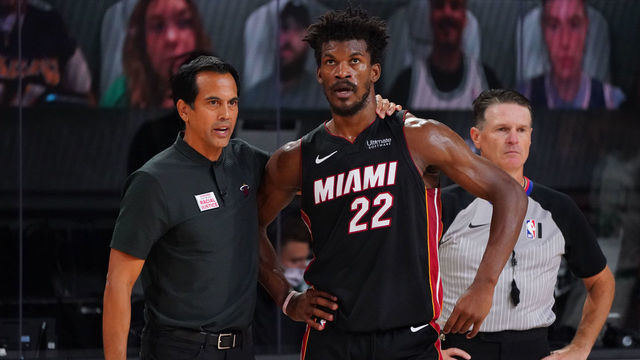 ORLANDO, FL - SEPTEMBER 27: Head Coach Erik Spoelstra of the Miami Heat and Jimmy Butler #22 of the Miami Heat talk during Game Six of the Eastern Conference Finals of the NBA Playoffs on September 27, 2020 at the AdventHealth Arena at ESPN Wide World Of Sports Complex in Orlando, Florida. NOTE TO USER: User expressly acknowledges and agrees that, by downloading and/or using this Photograph, user is consenting to the terms and conditions of the Getty Images License Agreement. Mandatory Copyright Notice: Copyright 2020 NBAE