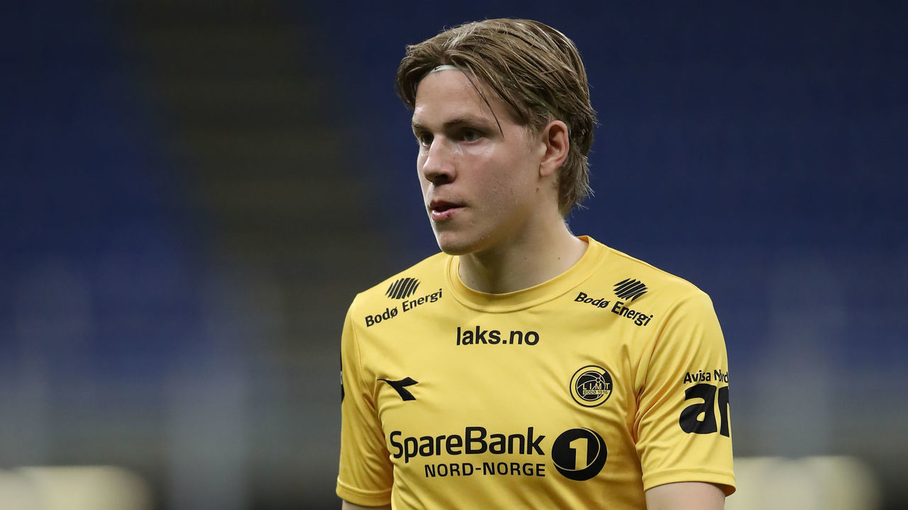 MILAN, ITALY - SEPTEMBER 24: Jens Petter Hauge of FK Bodo/Glimt during the UEFA Europa League third qualifying round match between AC Milan and Bodo Glimt at Stadio Giuseppe Meazza on September 24, 2020 in Milan, Italy.