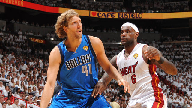 MIAMI, FL - JUNE 2: Dirk Nowitzki #41 of the Dallas Mavericks drives against LeBron James #6 of the Miami Heat in Game Two of the 2011 NBA Finals on June 2, 2011 at the American Airlines Arena in Miami, Florida. NOTE TO USER: User expressly acknowledges and agrees that, by downloading and/or using this photograph, user is consenting to the terms and conditions of the Getty Images License Agreement. Mandatory Copyright Notice: Copyright 2011 NBAE