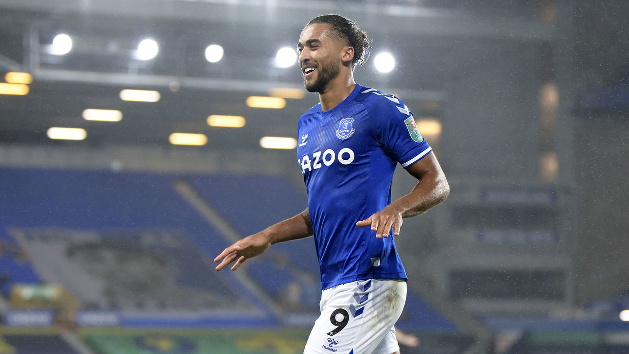 LIVERPOOL, ENGLAND - September 30: Dominic Calvert-Lewin of Everton celebrates his second goal during the Carabao Cup Fourth Round match between Everton and West Ham United at Goodison Park on September 30 2020 in Liverpool, England.