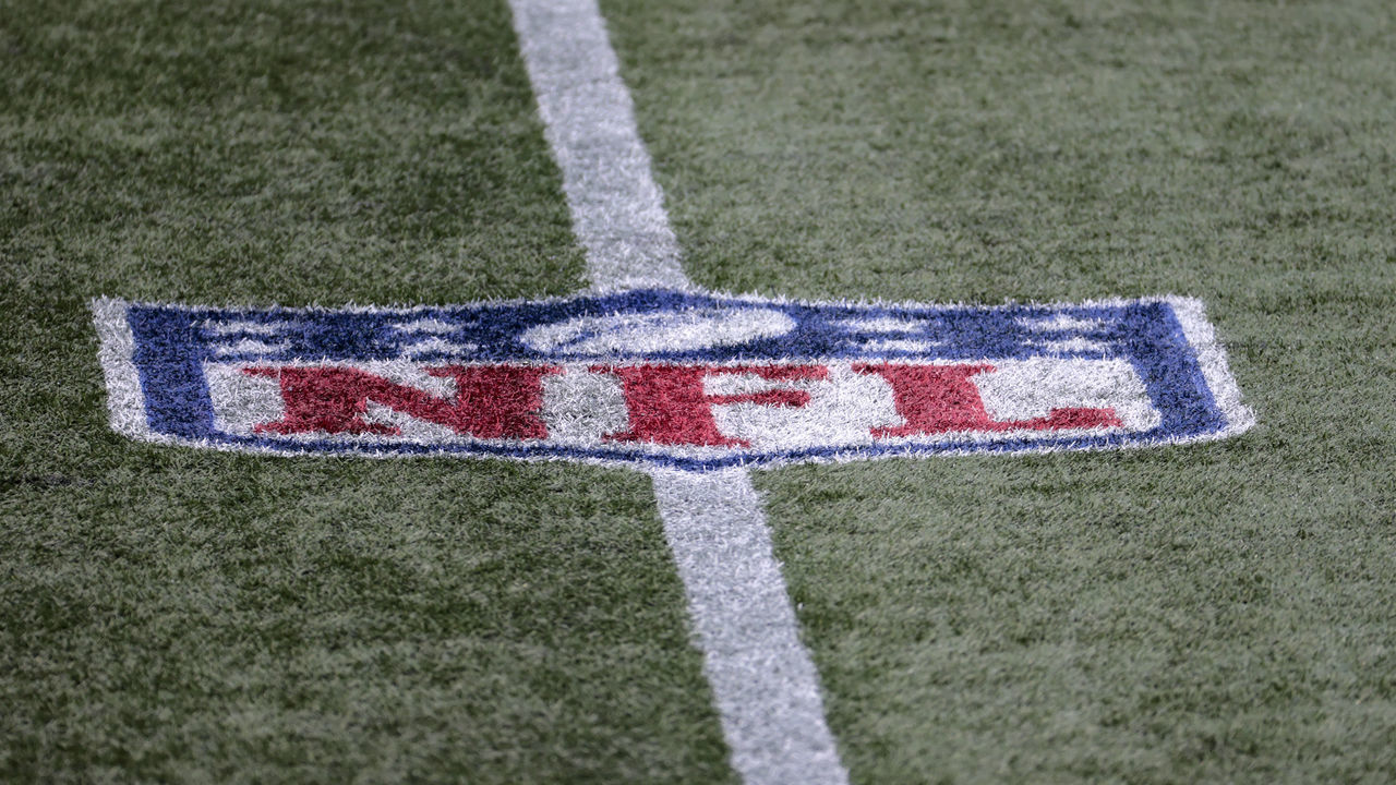 FOXBOROUGH, MA - SEPTEMBER 27: NFL logo on the field during a game between the New England Patriots and the Las Vegas Raiders on September 27, 2020, at Gillette Stadium in Foxborough, Massachusetts.