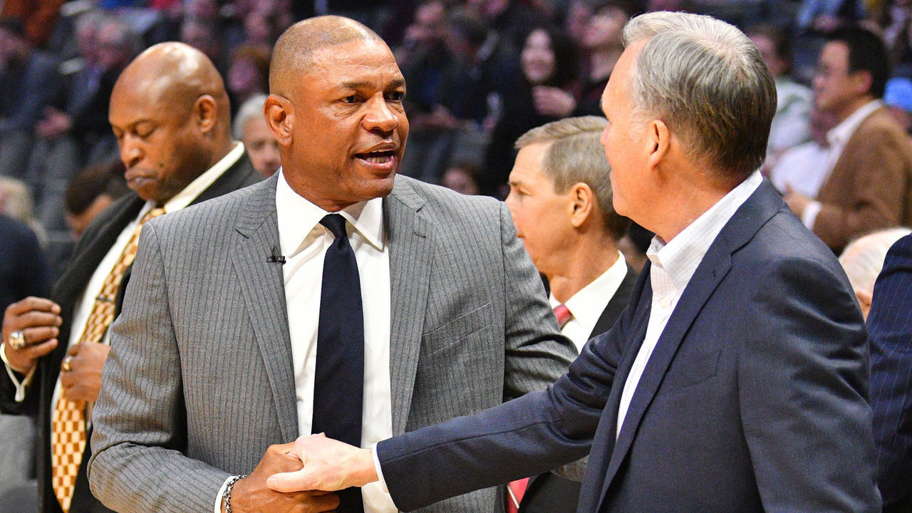 LOS ANGELES, CA - FEBRUARY 28: Los Angeles Clippers head coach Doc Rivers and Houston Rockets head coach Mike D'Antoni shake hands before an NBA game between the Houston Rockets and the Los Angeles Clippers on February 28, 2018 at STAPLES Center in Los Angeles, CA.