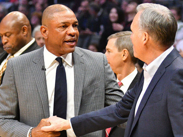 LOS ANGELES, CA - FEBRUARY 28: Los Angeles Clippers head coach Doc Rivers and Houston Rockets head coach Mike D'Antoni shake hands before an NBA game between the Houston Rockets and the Los Angeles Clippers on February 28, 2018 at STAPLES Center in Los Angeles, CA.