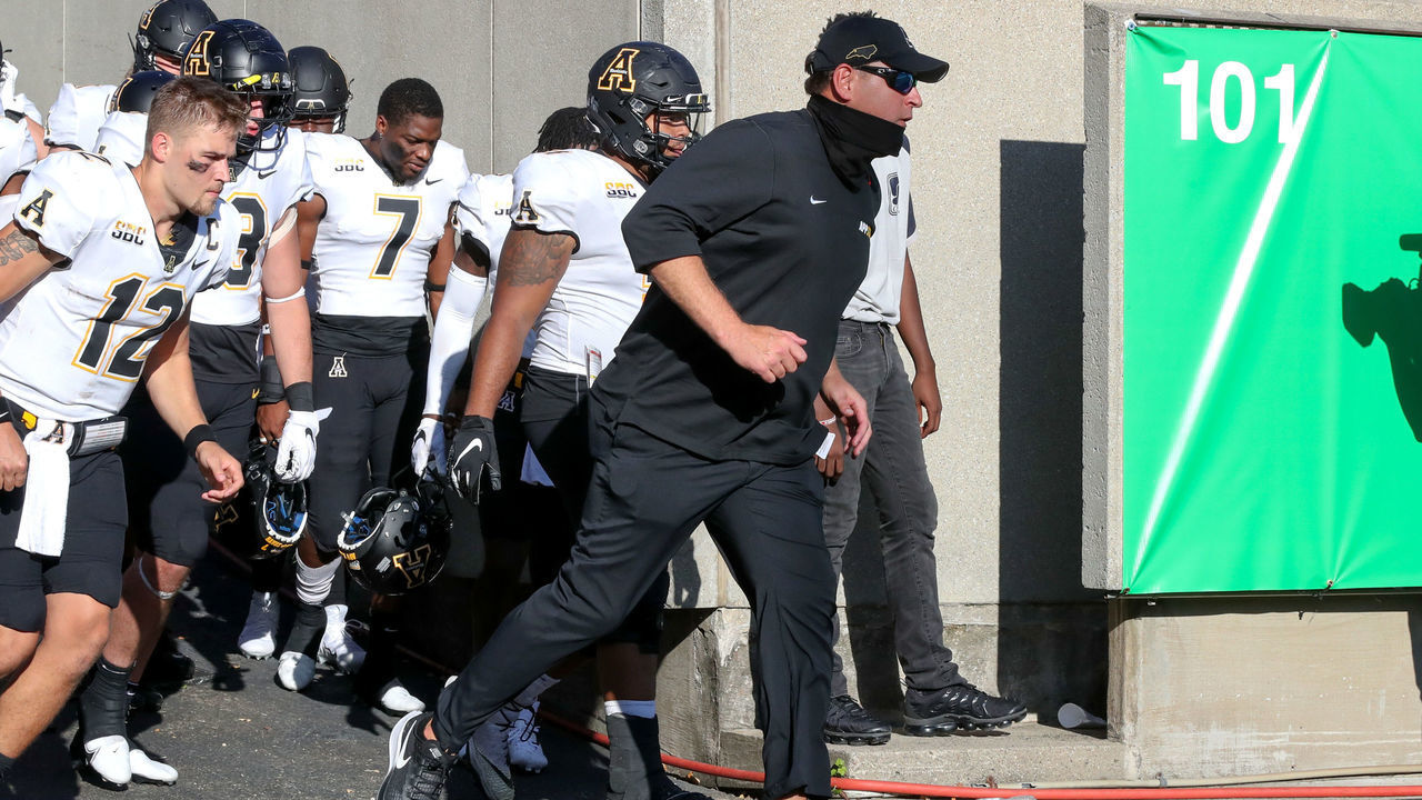 HUNTINGTON, WV - SEPTEMBER 19: Appalachian State Mountaineers head coach Shawn Clark leads the Mountaineers on to the field prior to the third quarter of the college football game between the Appalachian State Mountaineers and the Marshall Thundering Herd on September 19, 2020, at Joan C. Edwards Stadium in Huntington, WV.