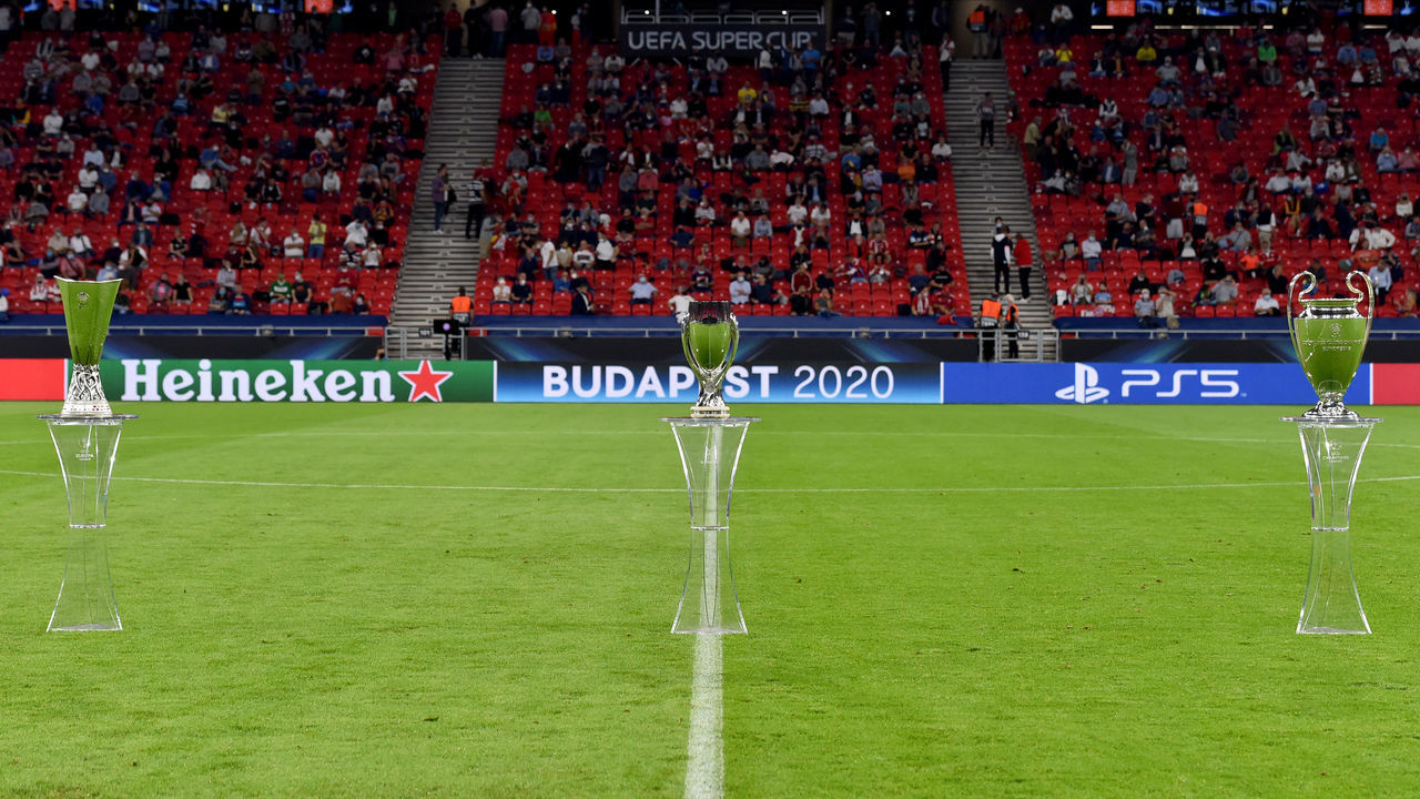 BUDAPEST, HUNGARY - SEPTEMBER 24: The UEFA Europa League, Super Cup and Champions League trophies are on display ahead the UEFA Super Cup match between FC Bayern Munich and FC Sevilla at Puskas Arena on September 24, 2020 in Budapest, Hungary. 20,000 fans have been allowed into the ground as COVID-19 restrictions ease.